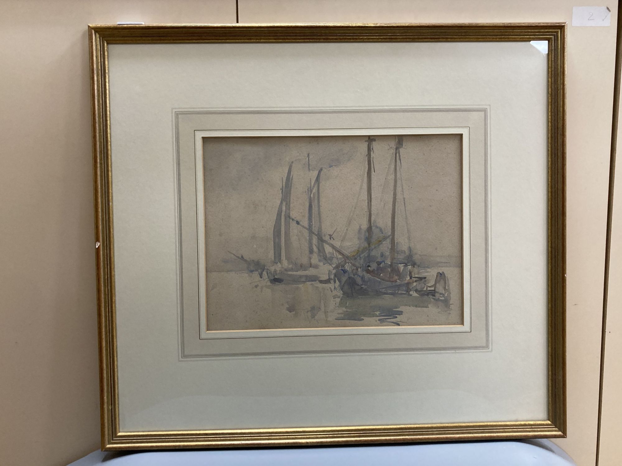 Attributed to Alfred Hayward, watercolour, Fishing boats off Venice, 25 x 33.5cm